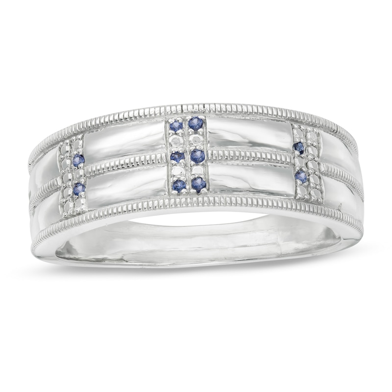 Main Image 1 of Men's Lab-Created Blue Sapphire Double Row Milgrain Ring in Sterling Silver