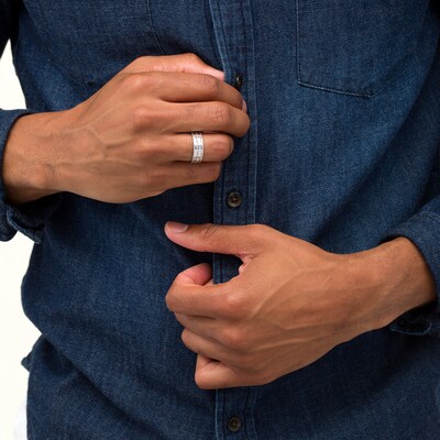 Men's Lab-Created Blue Sapphire Double Row Milgrain Ring in Sterling Silver
