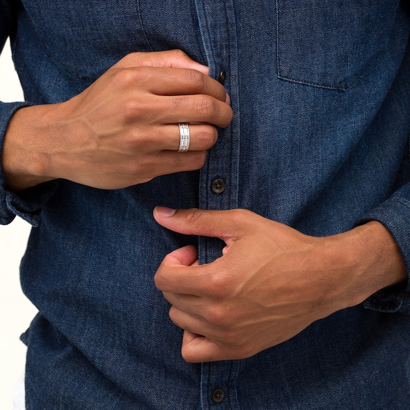 Main Image 2 of Men's Lab-Created Blue Sapphire Double Row Milgrain Ring in Sterling Silver
