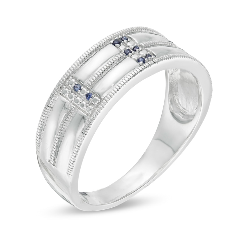 Main Image 3 of Men's Lab-Created Blue Sapphire Double Row Milgrain Ring in Sterling Silver