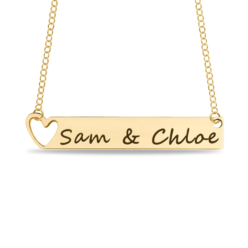 Engravable Cut-Out Heart with Your Own Handwriting Bar Necklace in 10K White, Yellow or Rose Gold (1 Image and Line)