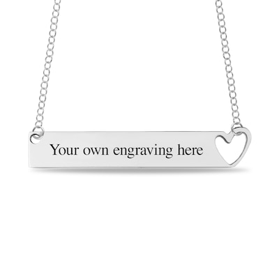 Engravable Cut-Out Heart with Your Own Handwriting Bar Necklace in 10K White, Yellow or Rose Gold (1 Image and Line)