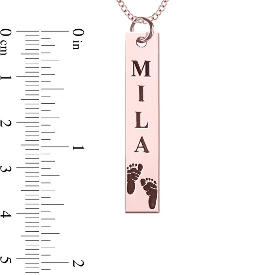 Engravable Name Baby Footprint Vertical Bar Pendant in 10K White, Yellow or Rose Gold (1 Image and 2 Lines)