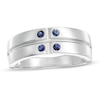 Thumbnail Image 1 of Men's Lab-Created Blue Sapphire Quad Cross-Groove Ring in Sterling Silver