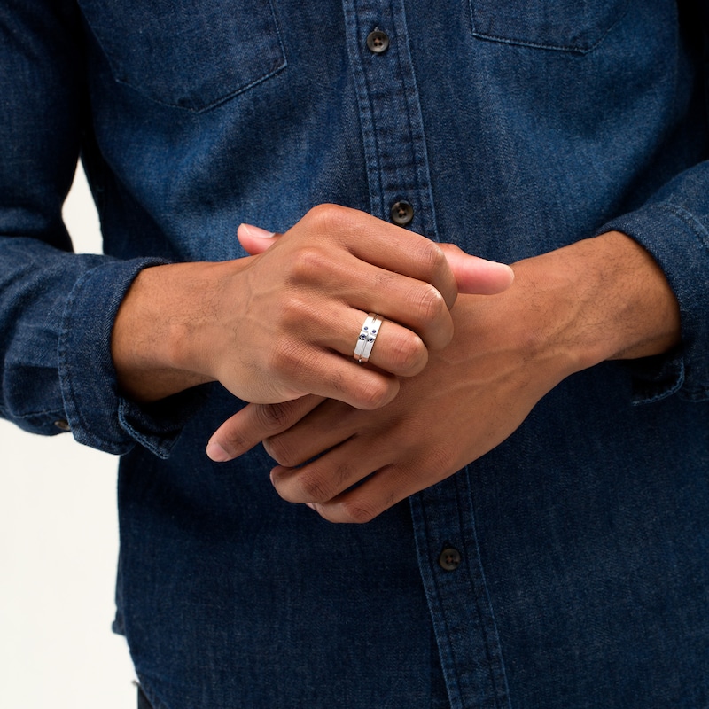 Main Image 2 of Men's Lab-Created Blue Sapphire Quad Cross-Groove Ring in Sterling Silver