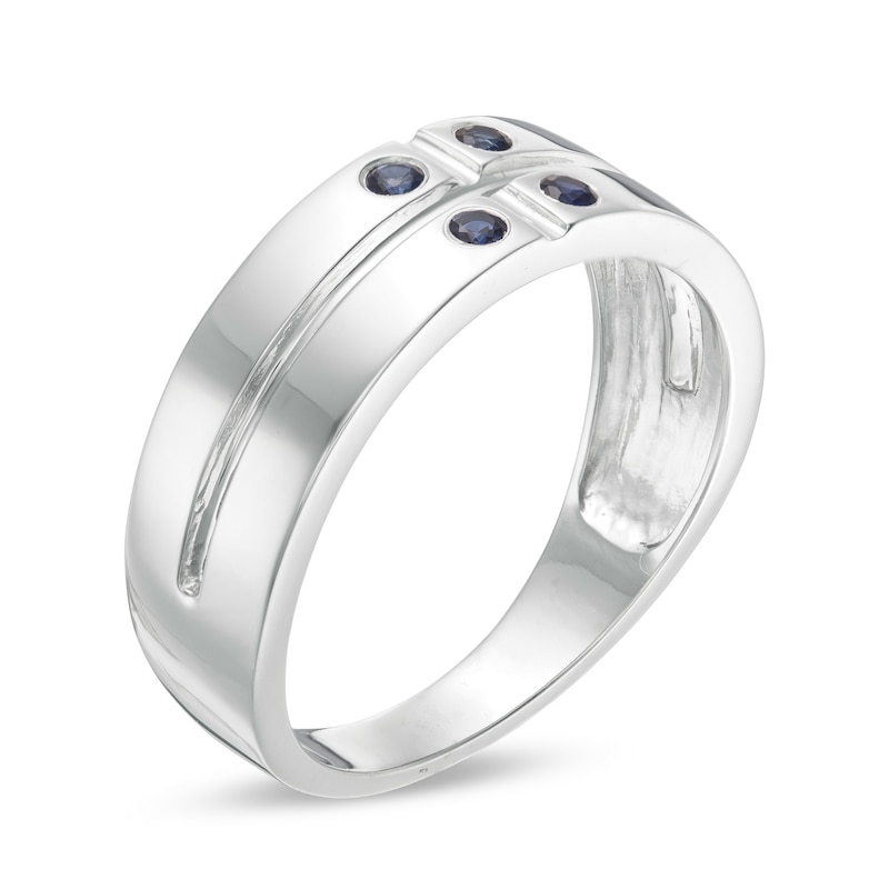 Main Image 3 of Men's Lab-Created Blue Sapphire Quad Cross-Groove Ring in Sterling Silver