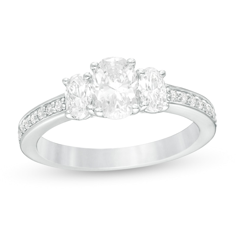 1.46 CT. T.W. Certified Oval Lab-Created Diamond Lined Past Present Future® Engagement Ring in 14K White Gold (G/SI2)