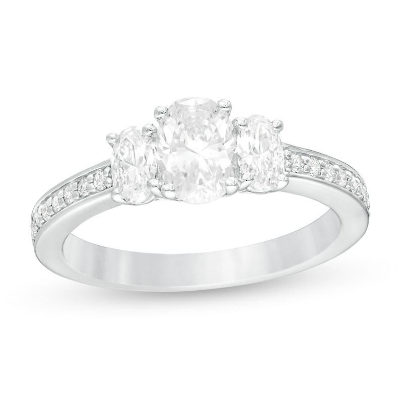 Main Image 1 of 1.46 CT. T.W. Certified Oval Lab-Grown Diamond Lined Past Present Future® Engagement Ring in 14K White Gold (G/SI2)