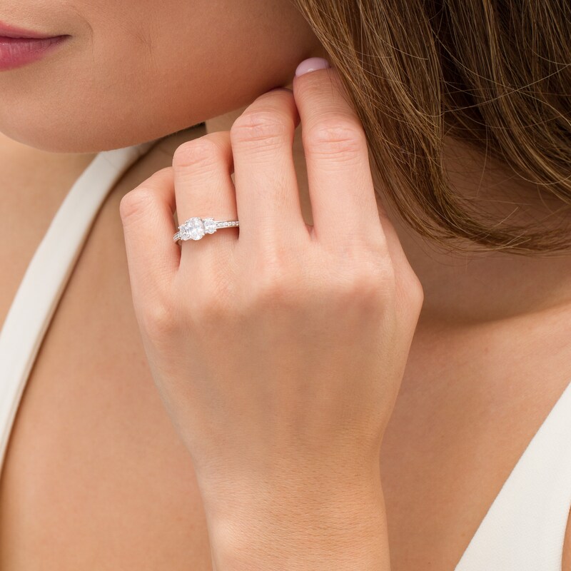 1.46 CT. T.W. Certified Oval Lab-Grown Diamond Lined Past Present Future® Engagement Ring in 14K White Gold (G/SI2)