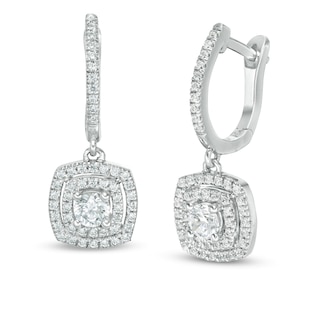 0.95 CT. T.W. Certified Lab-Grown Diamond Double Cushion Frame Drop Earrings in 14K White Gold (F/SI2)