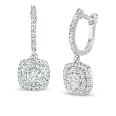 0.95 CT. T.W. Certified Lab-Grown Diamond Double Cushion Frame Drop Earrings in 14K White Gold (F/SI2)