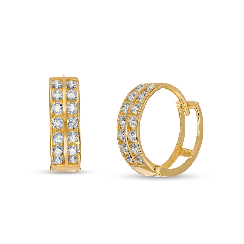 Cubic Zirconia Double Row Huggie Hoop Earrings in 14K Gold|Peoples Jewellers