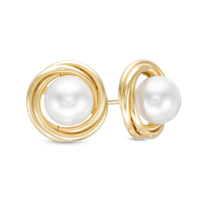 6.0mm Freshwater Cultured Pearl Love Knot Stud Earrings in 14K Gold