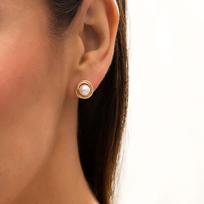 6.0mm Freshwater Cultured Pearl Love Knot Stud Earrings in 14K Gold