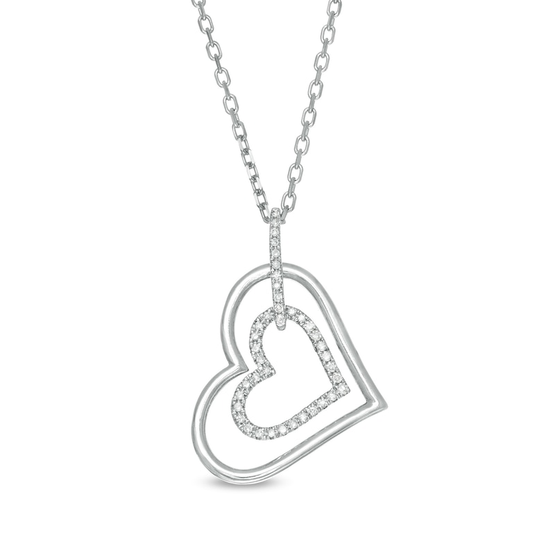 Vera Wang Love Collection 0.115 CT. T.W. Diamond Tilted Double Heart Outline Pendant in Sterling Silver - 19"