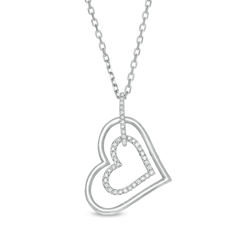 Main Image 1 of Vera Wang Love Collection 0.115 CT. T.W. Diamond Tilted Double Heart Outline Pendant in Sterling Silver - 19"