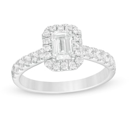 1.00 CT. T.W. Certified Emerald-Cut Lab-Created Diamond Frame Engagement Ring in 14K White Gold (F/SI2)