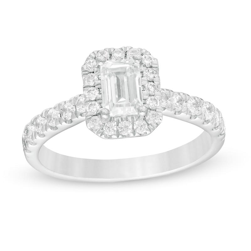 Main Image 1 of 1.00 CT. T.W. Emerald-Cut Certified Lab-Grown Diamond Frame Engagement Ring in 14K White Gold (F/SI2)