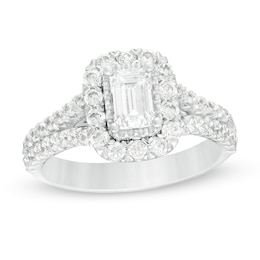 1.75 CT. T.W. Certified Emerald-Cut Lab-Created Diamond Frame Split Shank Engagement Ring in 14K White Gold (F/SI2)