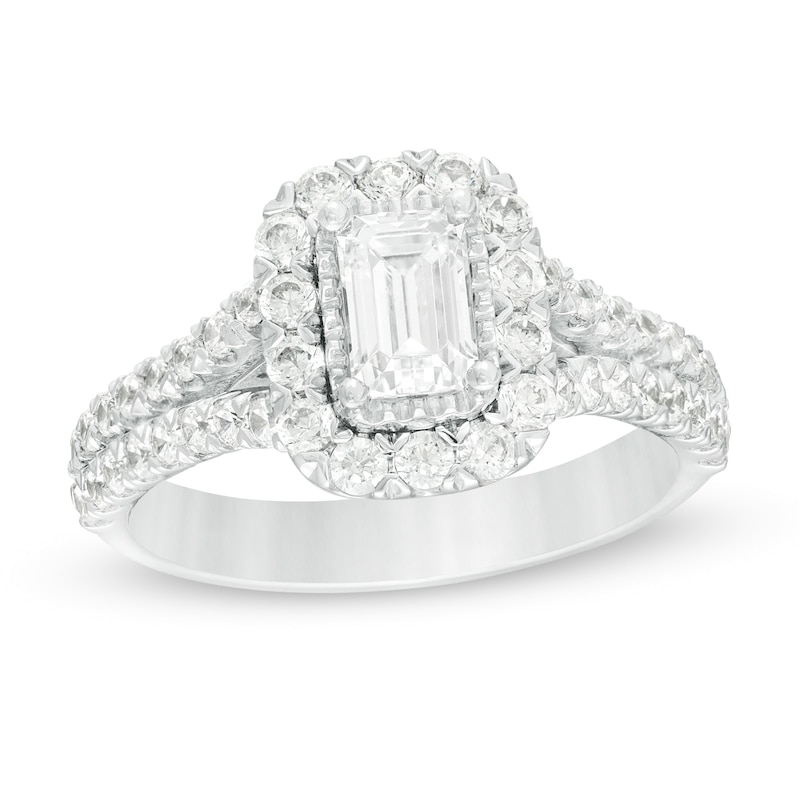 Main Image 1 of 1.75 CT. T.W. Emerald-Cut Certified Lab-Grown Diamond Frame Split Shank Engagement Ring in 14K White Gold (F/SI2)