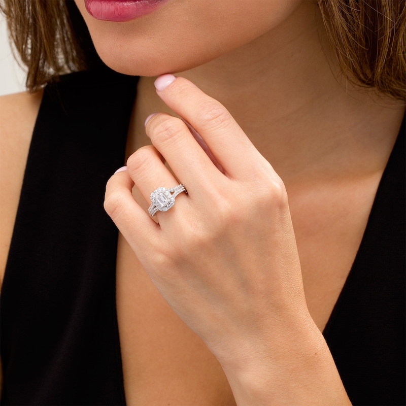 Main Image 2 of 1.75 CT. T.W. Emerald-Cut Certified Lab-Grown Diamond Frame Split Shank Engagement Ring in 14K White Gold (F/SI2)