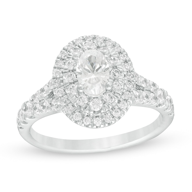 1.33 CT. T.W. Certified Oval Lab-Created Diamond Double Frame Split Shank Engagement Ring in 14K White Gold (F/SI2)