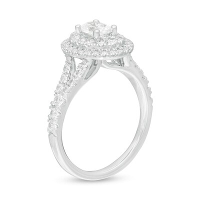 1.33 CT. T.W. Certified Oval Lab-Created Diamond Double Frame Split Shank Engagement Ring in 14K White Gold (F/SI2)