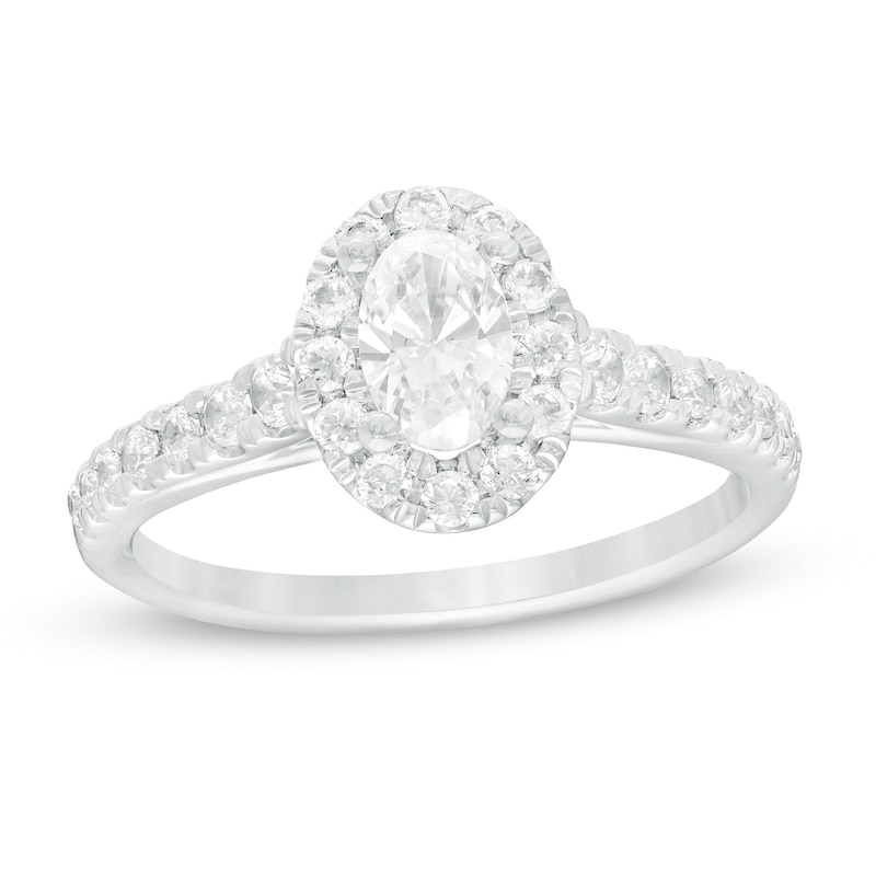 Main Image 1 of 1.00 CT. T.W. Oval Certified Lab-Grown Diamond Frame Engagement Ring in 14K White Gold (F/SI2)