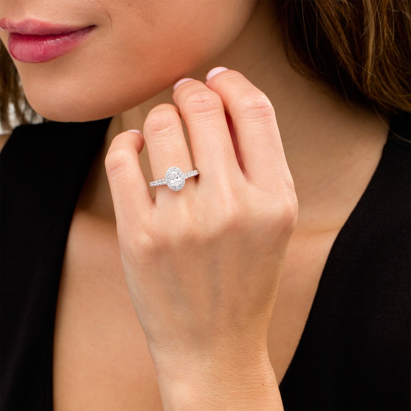 Main Image 2 of 1.00 CT. T.W. Oval Certified Lab-Grown Diamond Frame Engagement Ring in 14K White Gold (F/SI2)