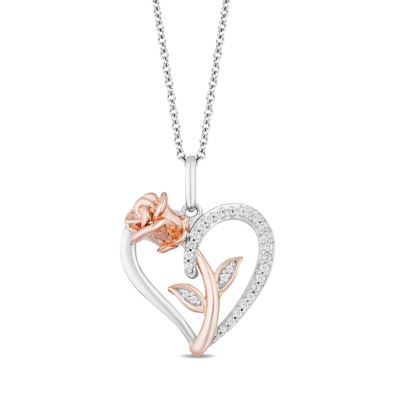 Enchanted Disney Belle 0.085 CT. T.W. Diamond Rose and Heart Pendant in Sterling Silver and 10K Rose Gold - 19"