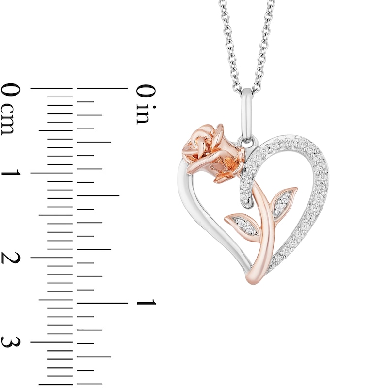 Enchanted Disney Belle 0.085 CT. T.W. Diamond Rose and Heart Pendant in Sterling Silver and 10K Rose Gold - 19"
