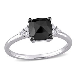 1.31 CT. T.W. Enhanced Black and White Cushion-Shaped Diamond Tri-Sides Engagement Ring in 14K White Gold