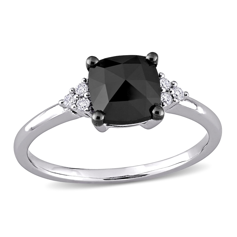 1.31 CT. T.W. Enhanced Black and White Cushion-Shaped Diamond Tri-Sides Engagement Ring in 14K White Gold