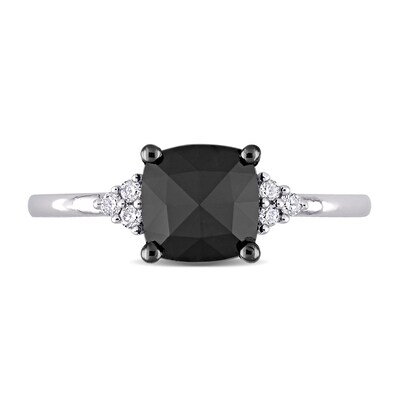1.31 CT. T.W. Enhanced Black and White Cushion-Shaped Diamond Tri-Sides Engagement Ring in 14K White Gold