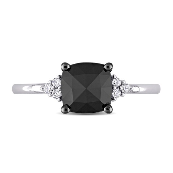 1.31 CT. T.W. Enhanced Black and White Cushion-Shaped Diamond Tri-Sides Engagement Ring in 14K White Gold