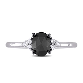 1.01 CT. T.W. Enhanced Black and White Oval Diamond Tri-Sides Engagement Ring in 14K White Gold