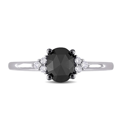 1.01 CT. T.W. Enhanced Black and White Oval Diamond Tri-Sides Engagement Ring in 14K White Gold