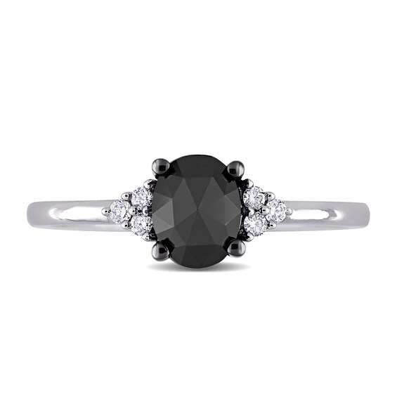 1.01 CT. T.W. Enhanced Black and White Oval Diamond Tri-Sides Engagement Ring in 14K White Gold