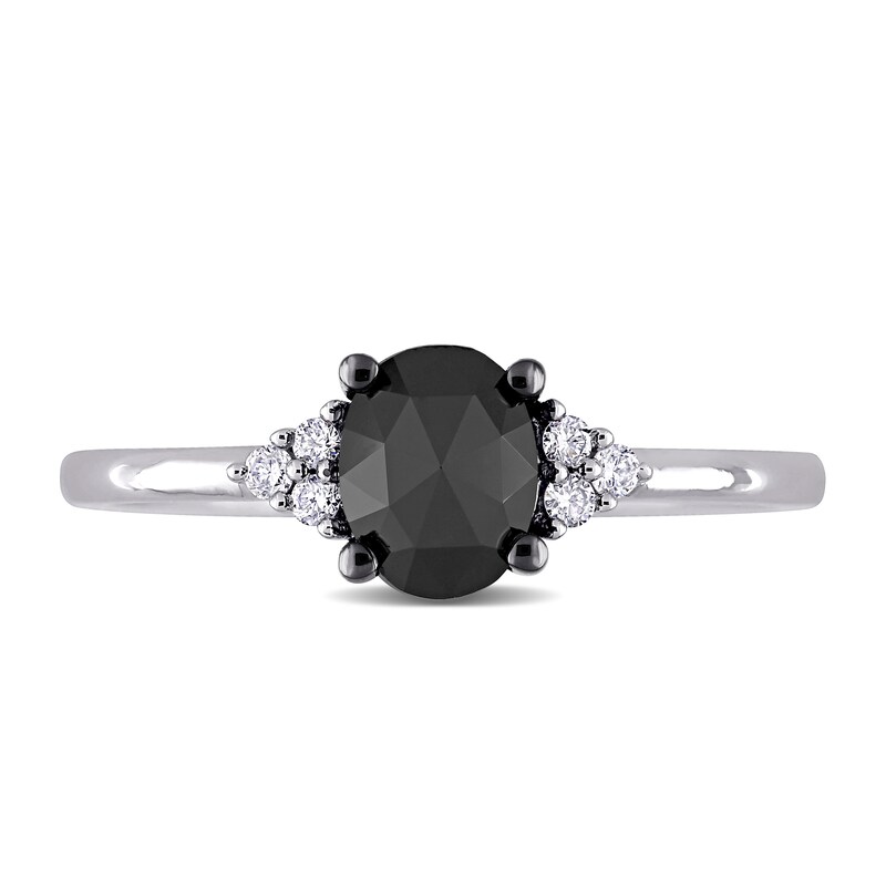 1.01 CT. T.W. Enhanced Black and White Oval Diamond Tri-Sides Engagement Ring in 14K White Gold