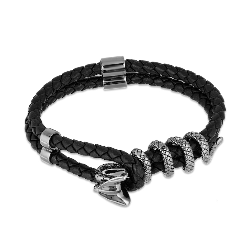 Main Image 1 of Enchanted Disney Men's Cobra Black Leather Bracelet in Sterling Silver - 8.5"