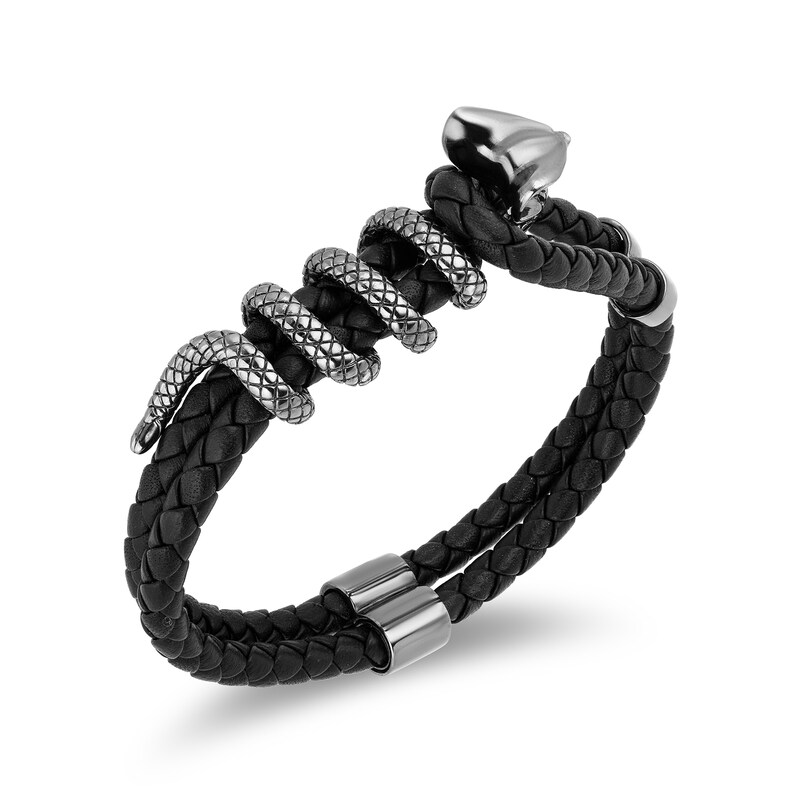 Main Image 2 of Enchanted Disney Men's Cobra Black Leather Bracelet in Sterling Silver - 8.5"
