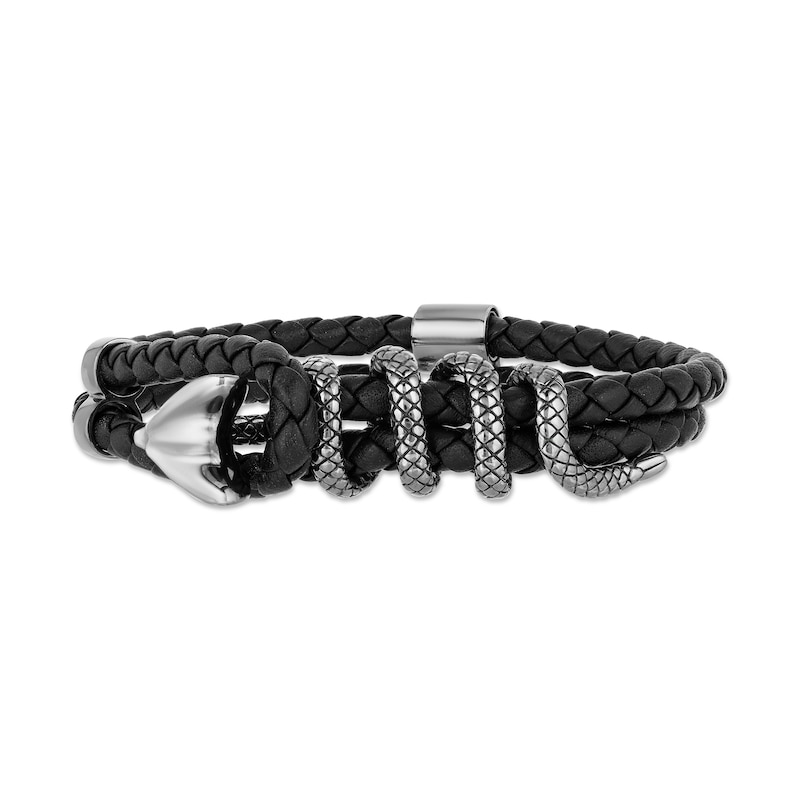 Main Image 3 of Enchanted Disney Men's Cobra Black Leather Bracelet in Sterling Silver - 8.5"