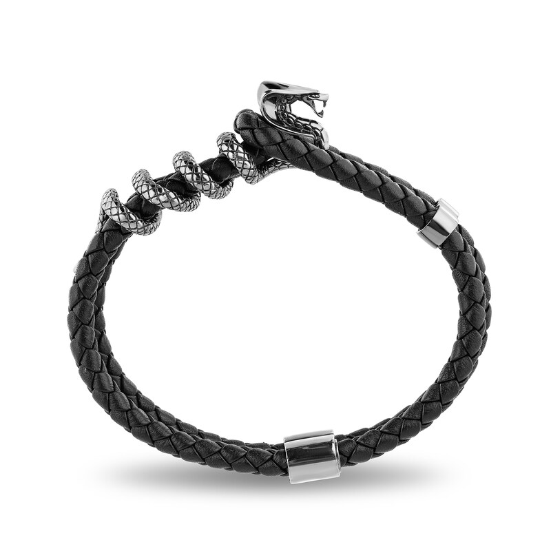 Main Image 4 of Enchanted Disney Men's Cobra Black Leather Bracelet in Sterling Silver - 8.5"