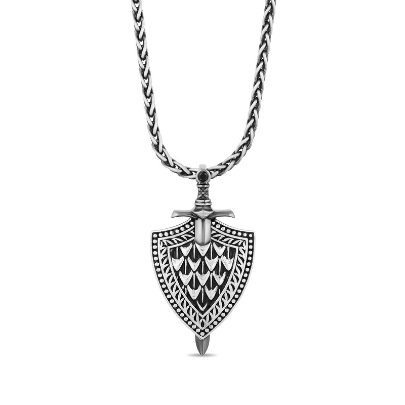 Enchanted Disney Men's 0.065 CT. Enhanced Black Diamond Oxidized Sword and Shield Pendant in Sterling Silver - 22"|Peoples Jewellers