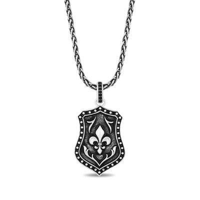 Enchanted Disney Men's 0.065 CT. T.W. Enhanced Black Diamond Fluer-de-Lis Shield Pendant in Sterling Silver - 22"