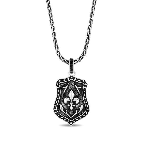 Enchanted Disney Men's 0.065 CT. T.W. Enhanced Black Diamond Fluer-de-Lis Shield Pendant in Sterling Silver - 22"