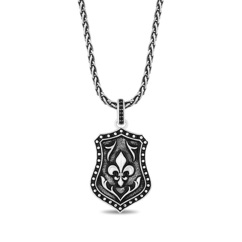 Main Image 1 of Enchanted Disney Men's 0.065 CT. T.W. Enhanced Black Diamond Fluer-de-Lis Shield Pendant in Sterling Silver - 22"
