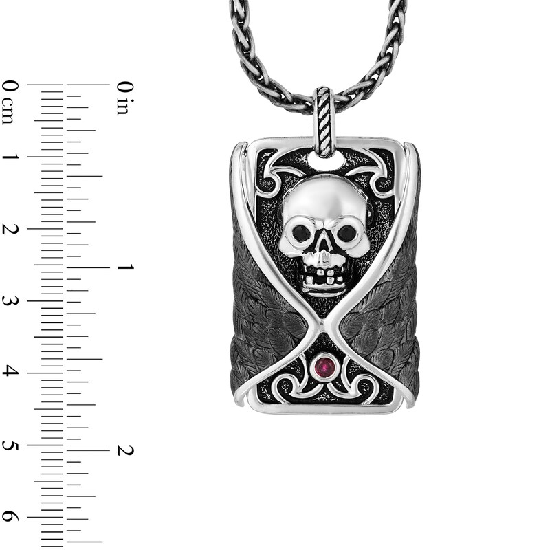 Main Image 2 of Enchanted Disney Men's Ruby and 0.115 CT. T.W. Enhanced Black Diamond Skull Dog Tag Pendant in Sterling Silver - 22"