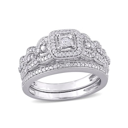 0.32 CT. T.W. Diamond Cushion Frame Scallop Edge Vintage-Style Bridal Set in Sterling Silver