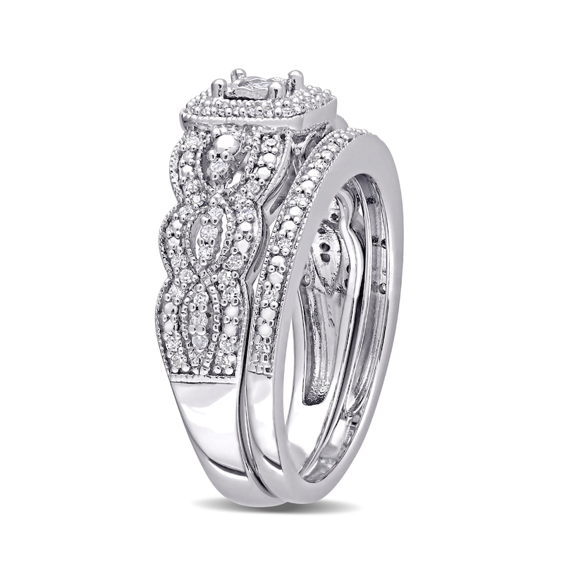 Main Image 3 of 0.32 CT. T.W. Diamond Cushion Frame Scallop Edge Vintage-Style Bridal Set in Sterling Silver